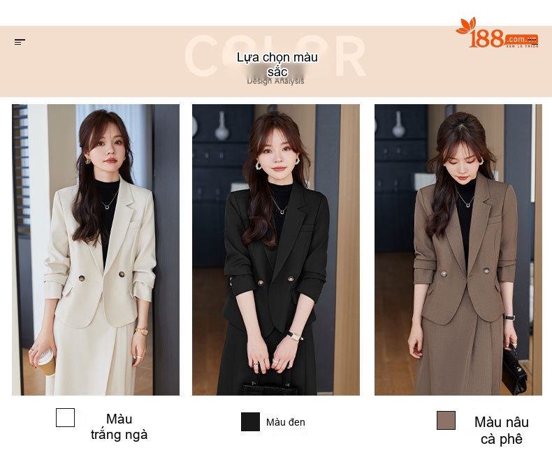 Bộ Vest Nữ Áo Blazer Quần Ống Rộng Công Sở Màu Trắng Kem, Đen, Nâu chi tiết 4
