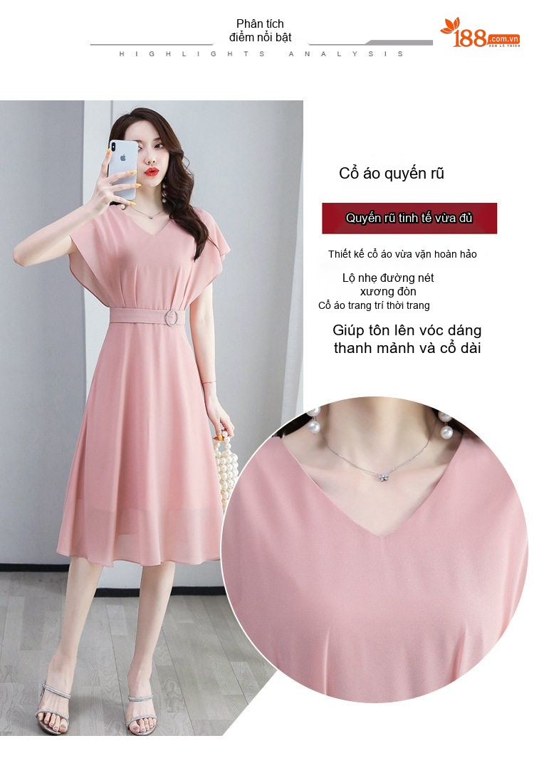 Váy Liền Thân Nữ Cổ chữ V Tay Ngắn Thanh Lịch Màu Đen, Tím, Hồng chi tiết 10