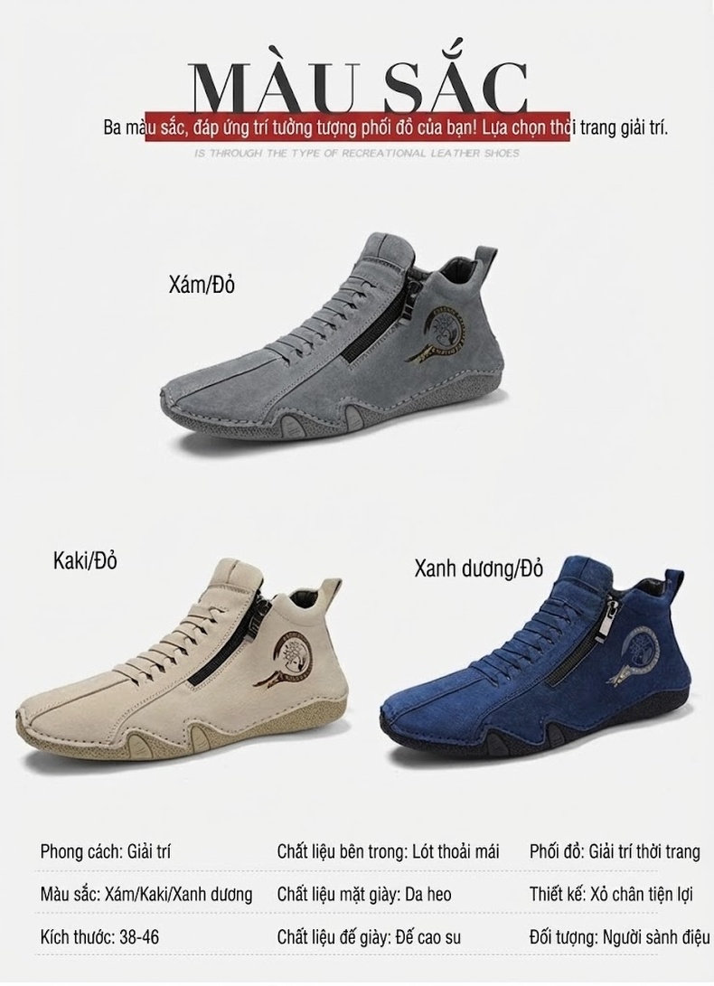 Giày Martin Nam Cổ Cao Vải Canvas Khóa Zip Chiều Cao Đế Khoảng 3cm Màu Be, Xám, Xanh Dương chi tiết 3
