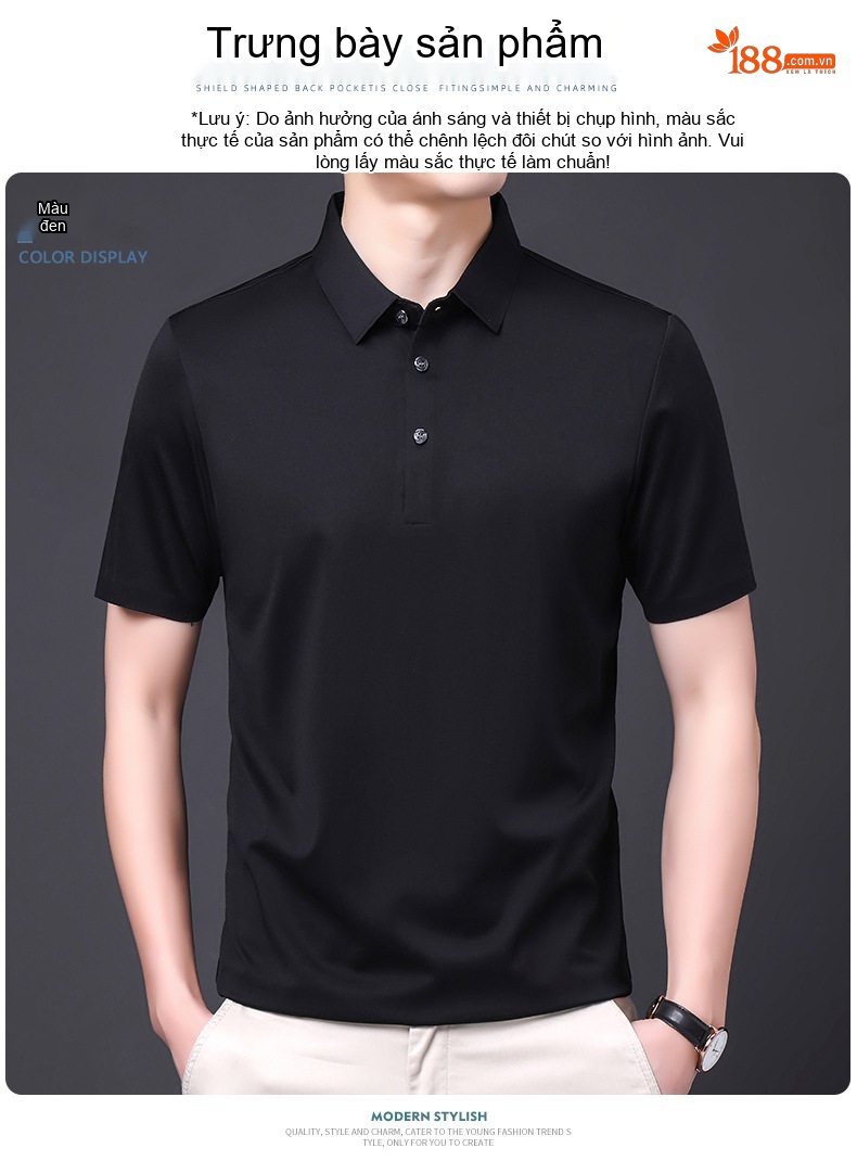 Áo Polo Nam Tay Ngắn Sợi Tằm Thượng Hạng Cổ Bẻ Phong Cách Business Casual Màu Đen, Đỏ, Xám, Xanh... chi tiết 10