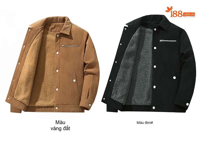 Áo Khoác Nhung Tăm Nam Lót Lông Dày Dặn Cổ Bẻ Phong Cách Hàn Quốc Màu Xám, Đen, Xanh Rêu, Nâu chi tiết 3