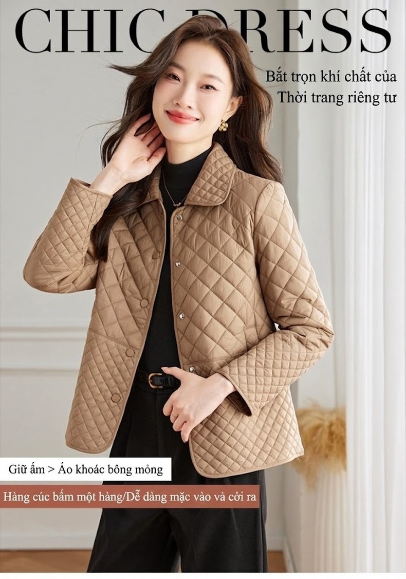 Áo Khoác Cotton Chần Bông Dáng Ôm Phong Cách Hàn Quốc Màu Be, Đen chi tiết 1