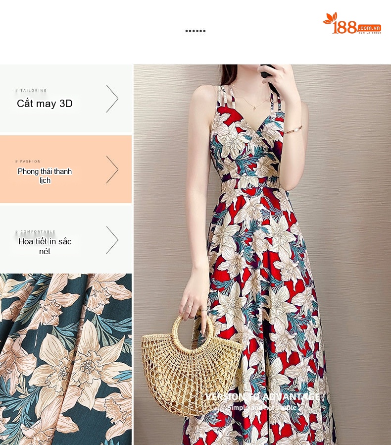 Váy Hai Dây Nữ Dáng Dài Họa Tiết Hoa Nhí Mùa Hè Phong Cách Đi Biển chi tiết 3