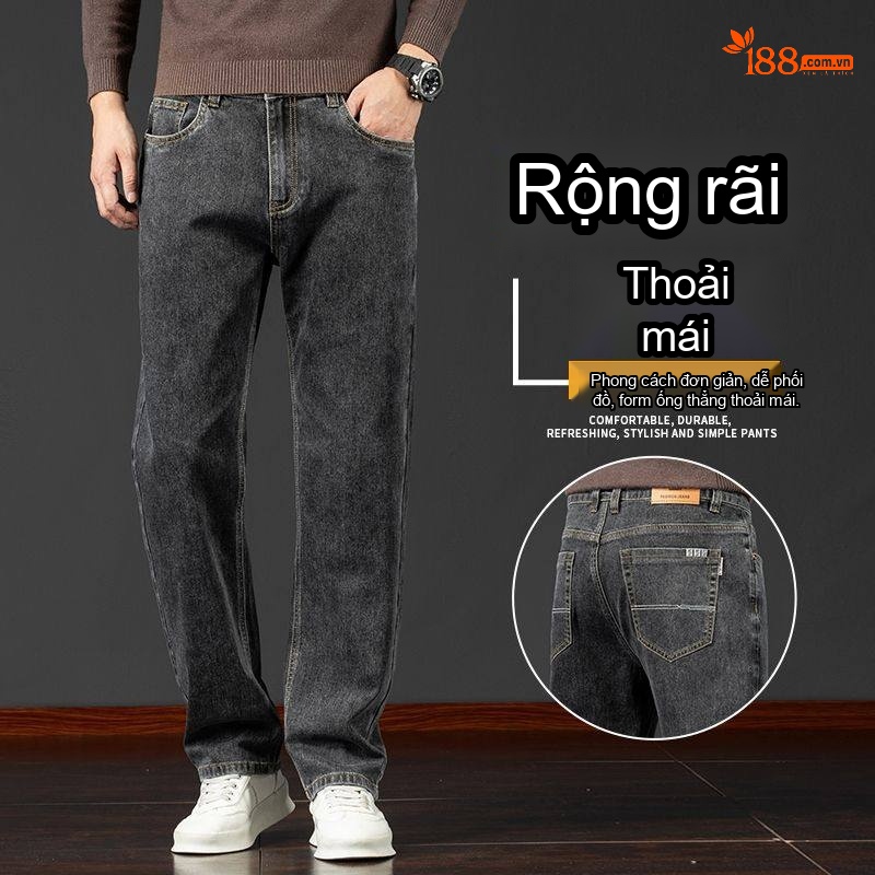 Quần Jeans Nam Ống Đứng Lưng Cao Dáng Rộng Thoải Mái Màu Xanh, Xám