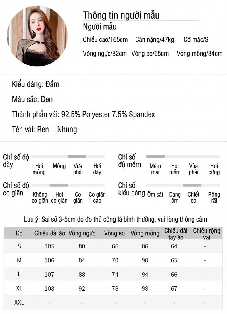 Đầm Ôm Body Nữ Tay Dài Ren Lưới Cổ Khoét Chất Liệu Nhung Màu Đen chi tiết 2
