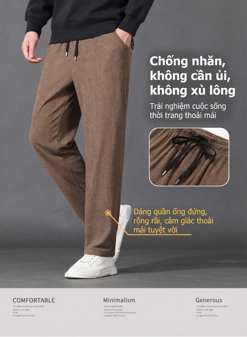 Quần Dài Nam Ống Suông Retro Phong Cách Công Sở Lưng Thun Thoải Mái Màu Đen, Nâu, Xám, Xanh... chi tiết 3