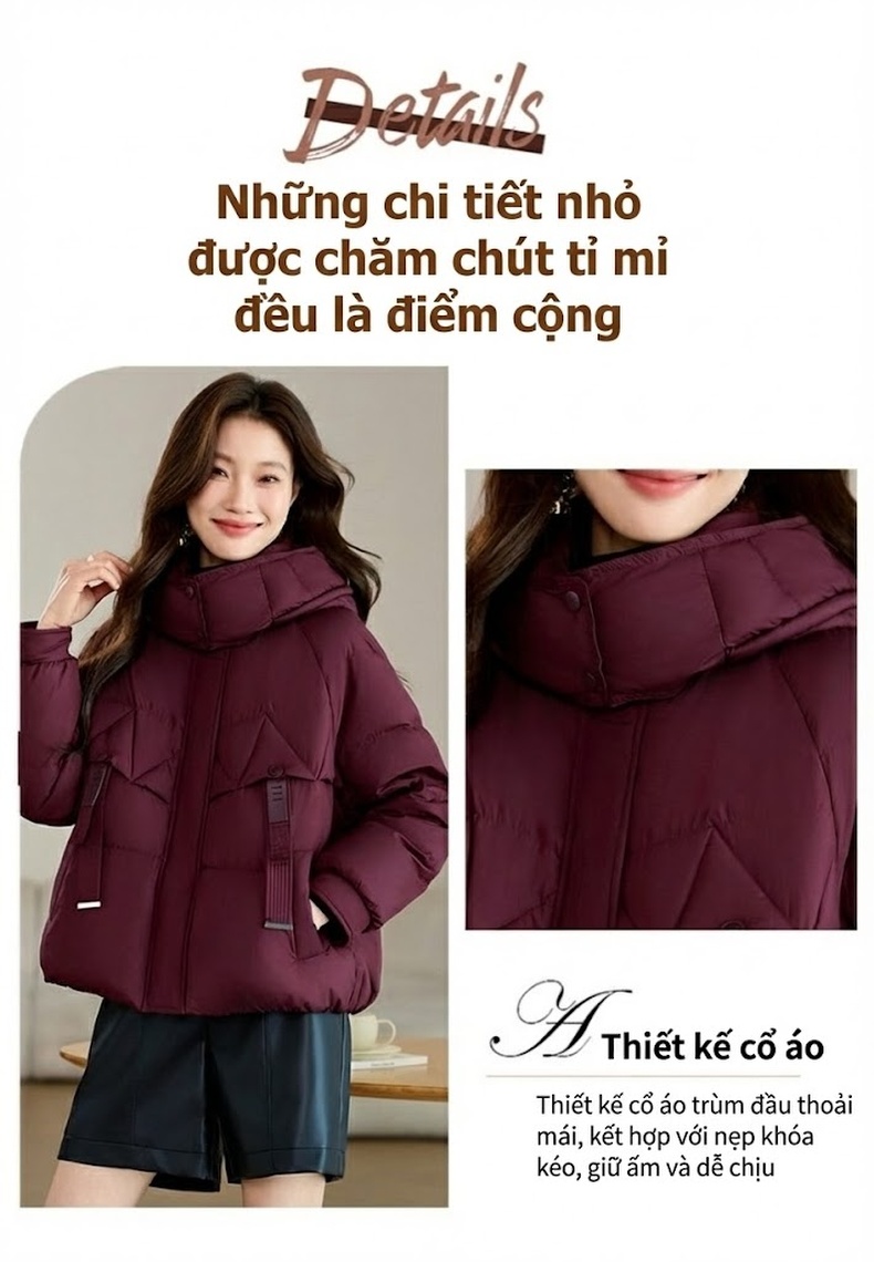 Áo Phao Nữ Dáng Ngắn Mũ Trùm Đầu Lót Lông Vũ Dày Ấm Áp Màu Đỏ Rượu Vang, Đen chi tiết 7