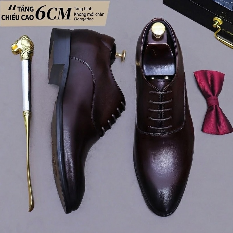 Giày Tây Buộc Dây Nam Da Bò Chiều Cao Đế 6cm Màu Đen, Nâu