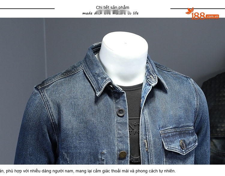 Áo Khoác Denim Nam Cổ Sơ Mi Chất Đũi Jeans Dáng Retro Màu Xanh Dương Đậm chi tiết 8