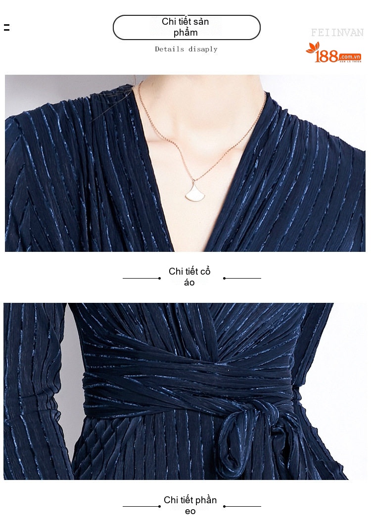 Váy liền thân Nữ Tay Dài Cổ Chữ V Dáng Ôm Màu Xanh Navy, Trắng chi tiết 11