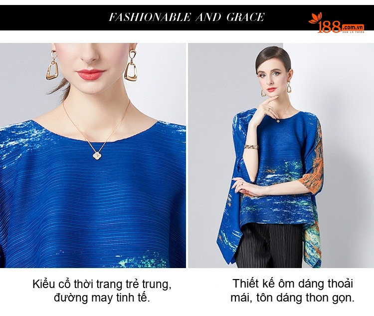 Áo Kiểu Nữ Dáng Rộng Tay Lỡ Cổ Tròn Họa Tiết In Dập Ly Cao Cấp Màu Nâu, Đen, Trắng, Vàng... chi tiết 3