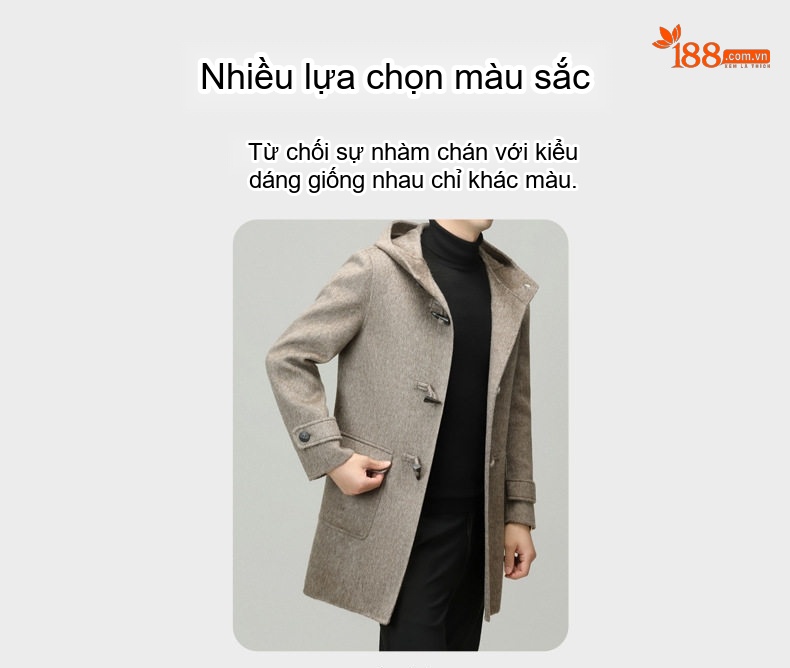 Áo Khoác Dạ Nam Dáng Dài Vừa Mũ Trùm Đầu Cúc Sừng Chất Liệu Lông Cừu 100% Màu Be, Đen, Xám chi tiết 9