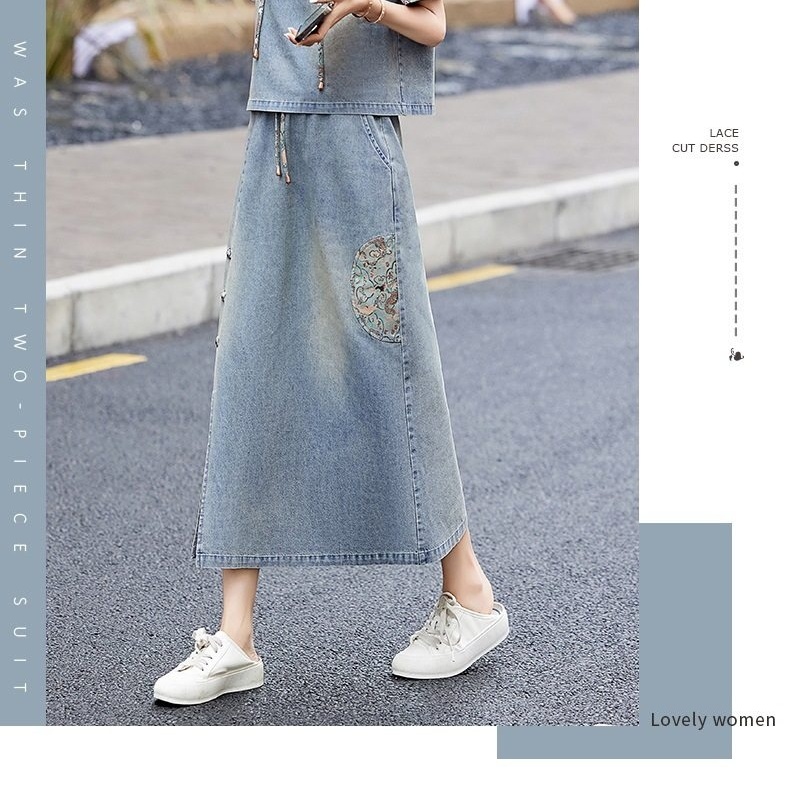 Set Bộ Quần Áo Nữ Phong Cách Trung Hoa Cổ Điển Áo Hoodie Tay Ngắn Chân Váy Jean Dáng Dài Thêu Họa Tiết chi tiết 2