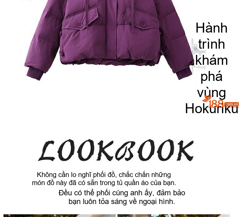 Áo Khoác Phao Nữ Ngắn Có Mũ Lông Vũ Trắng Dày Dặn Phong Cách Hàn Quốc Màu Đen, Tím chi tiết 3