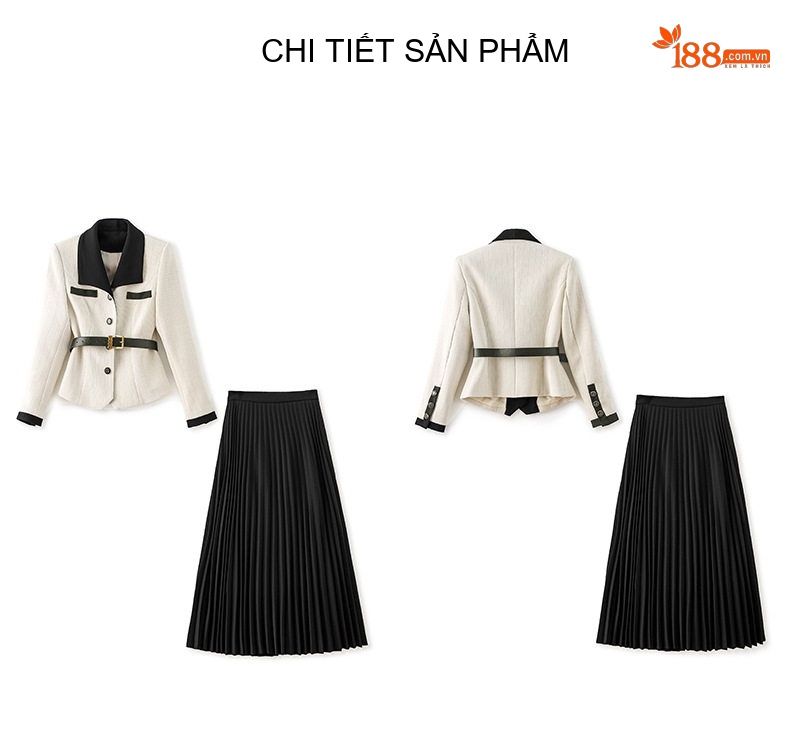Set Áo Khoác Lửng Chenille Tay Dài Kèm Chân Váy Xếp Ly Lưng Cao Màu Trắng Kem, Đen chi tiết 15