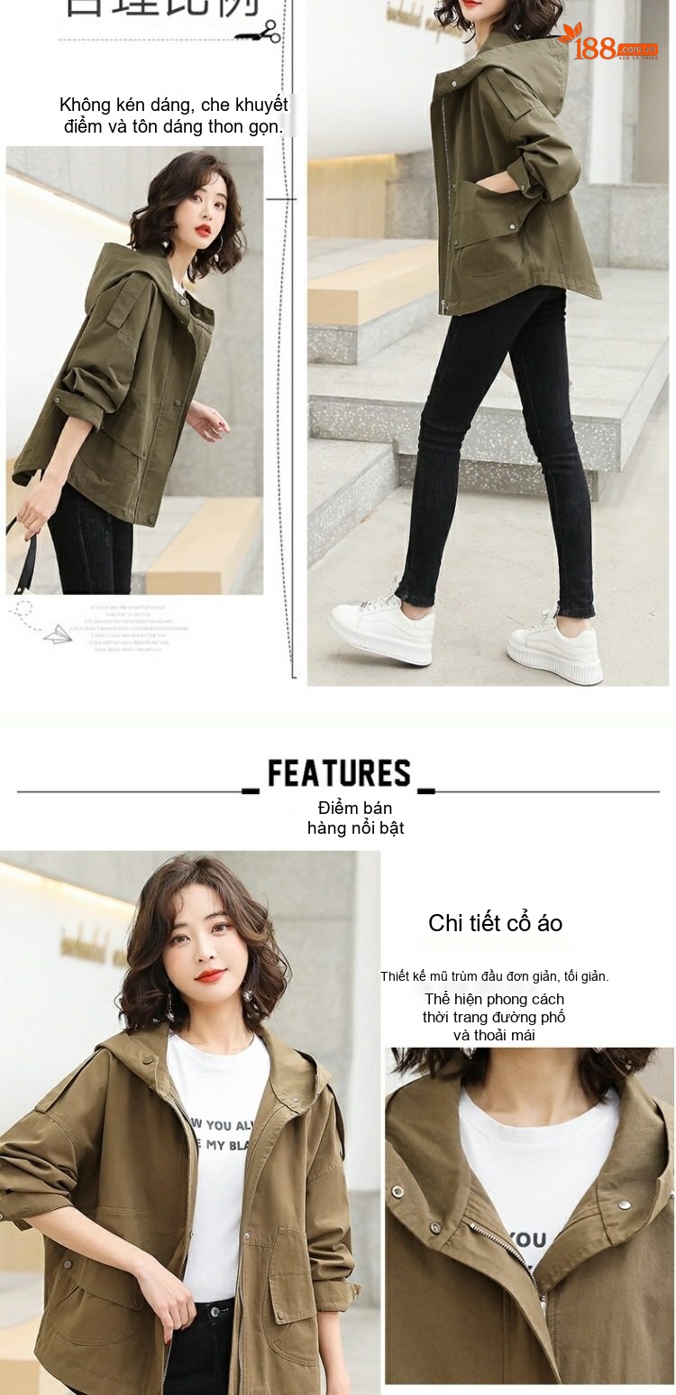 Áo Khoác Gió Nữ Ngắn Tay Lỡ Có Mũ Trùm Đầu Phong Cách Thời Trang Màu Xanh Rêu chi tiết 2