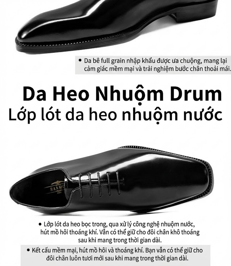 Giày Tây Oxford Nam Da Bò Bề Mặt Bóng Chiều Cao Đế Khoảng 3cm Màu Đen, Nâu chi tiết 11