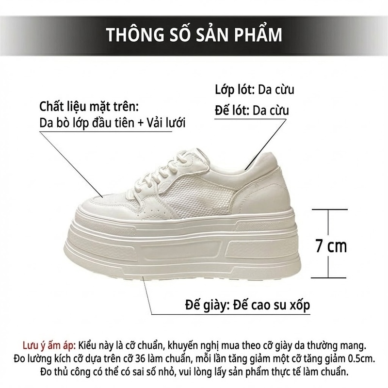 Giày Sneaker Nữ Da Bò Lớp Đầu Vải Lưới Chiều Cao Đế 7cm Màu Trắng