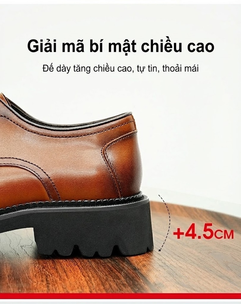 Giày Tây Buộc Dây Nam Da Thật Đế Dày Chiều Cao Đế Khoảng 4cm Màu Đen, Nâu chi tiết 5