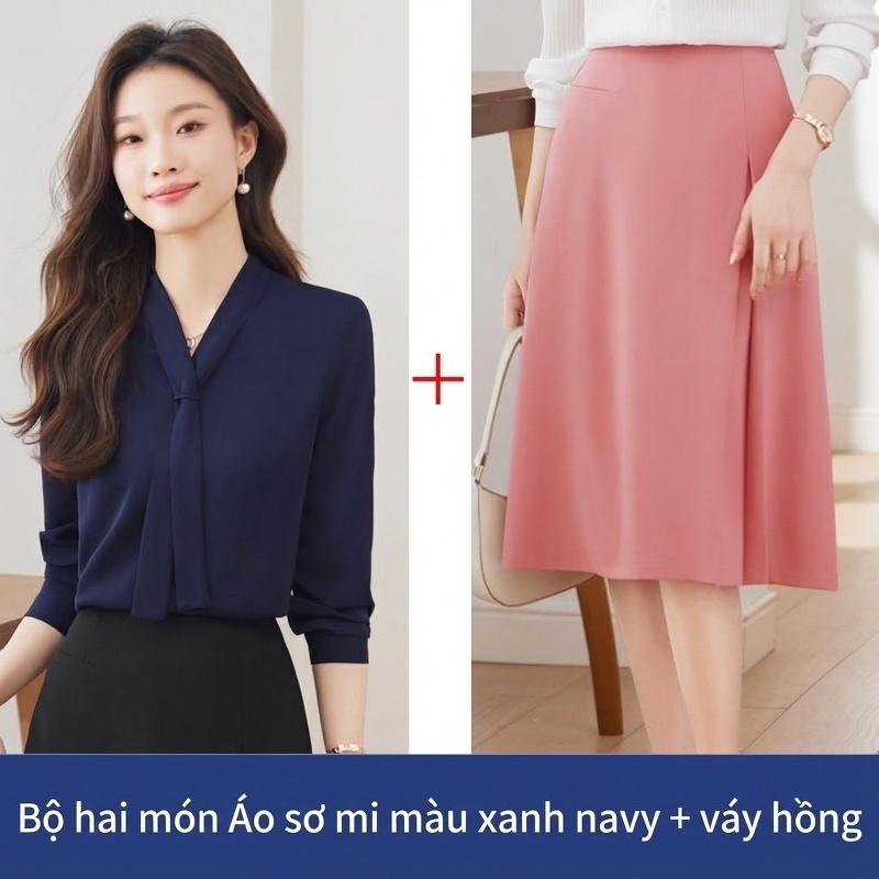 Áo Sơ Mi Nữ Cổ chữ V Chữ V Thắt Nơ Tay Dài Phong Cách Công Sở Màu Trắng, Xanh Navy