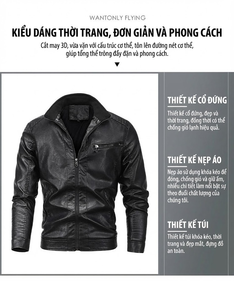 Áo Khoác Da PU Nam Lót Lông Thu Đông Kiểu Motor Biker Màu Đen, Nâu, Xanh Navy, Xanh Rêu... chi tiết 4