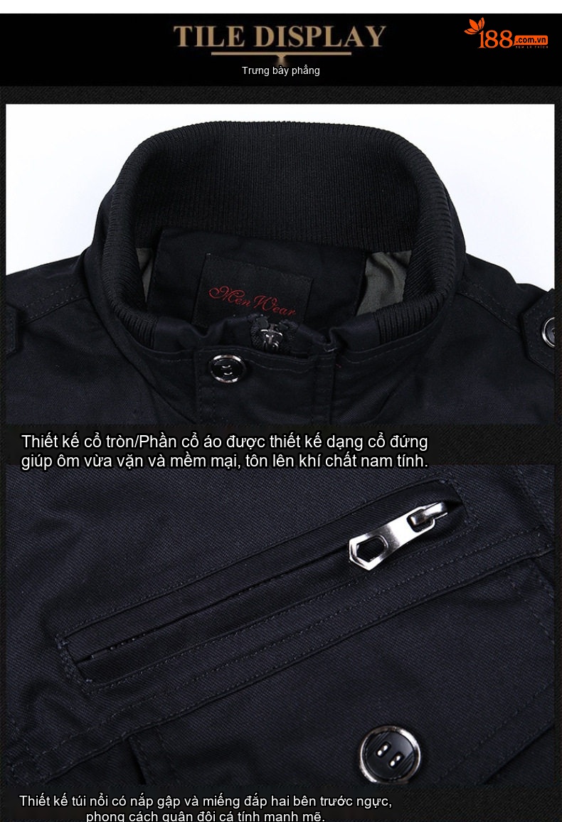 Áo Khoác Bomber Nam Cotton Giặt Nước Phong Cách Quân Đội Cổ Điển Màu Nâu, Xanh Rêu, Đen chi tiết 10