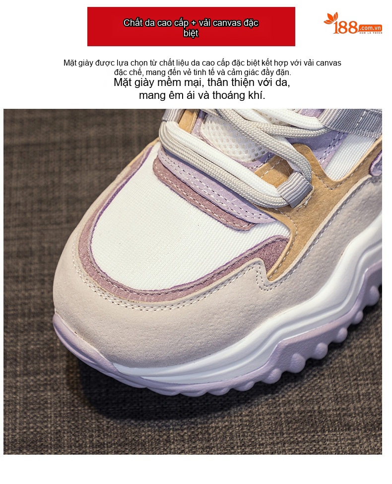 Giày Sneaker Nữ Da Mờ Đế Dày Phong Cách Ulzzang Chiều Cao Đế Khoảng 5cm Màu Trắng, Hồng, Tím, Xám... chi tiết 15