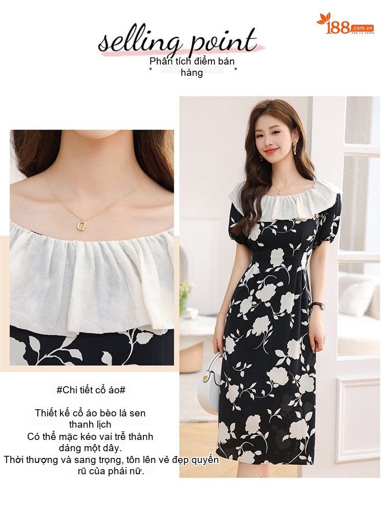 Váy liền thân Nữ Cổ Búp Bê Họa Tiết Hoa Nhí Thiết Kế Dáng Xòe Màu Đen, Trắng chi tiết 6