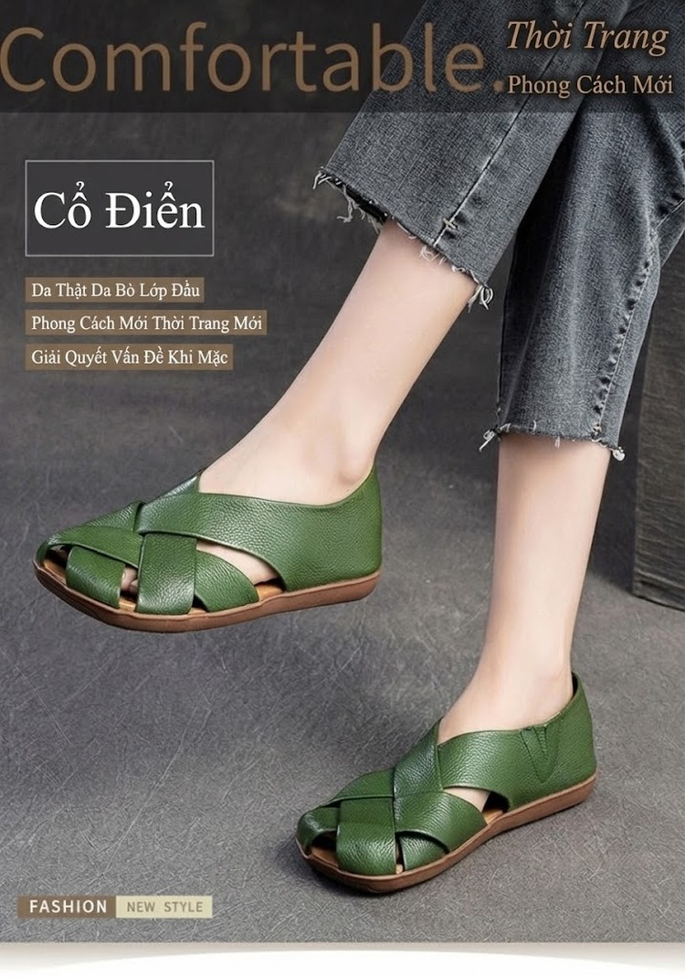Dép Sandal Nữ Quai Đan Hở Ngón Thoáng Khí Đế Bằng Đế Cao 3cm - 4cm Màu Nâu, Xanh, Vàng chi tiết 1