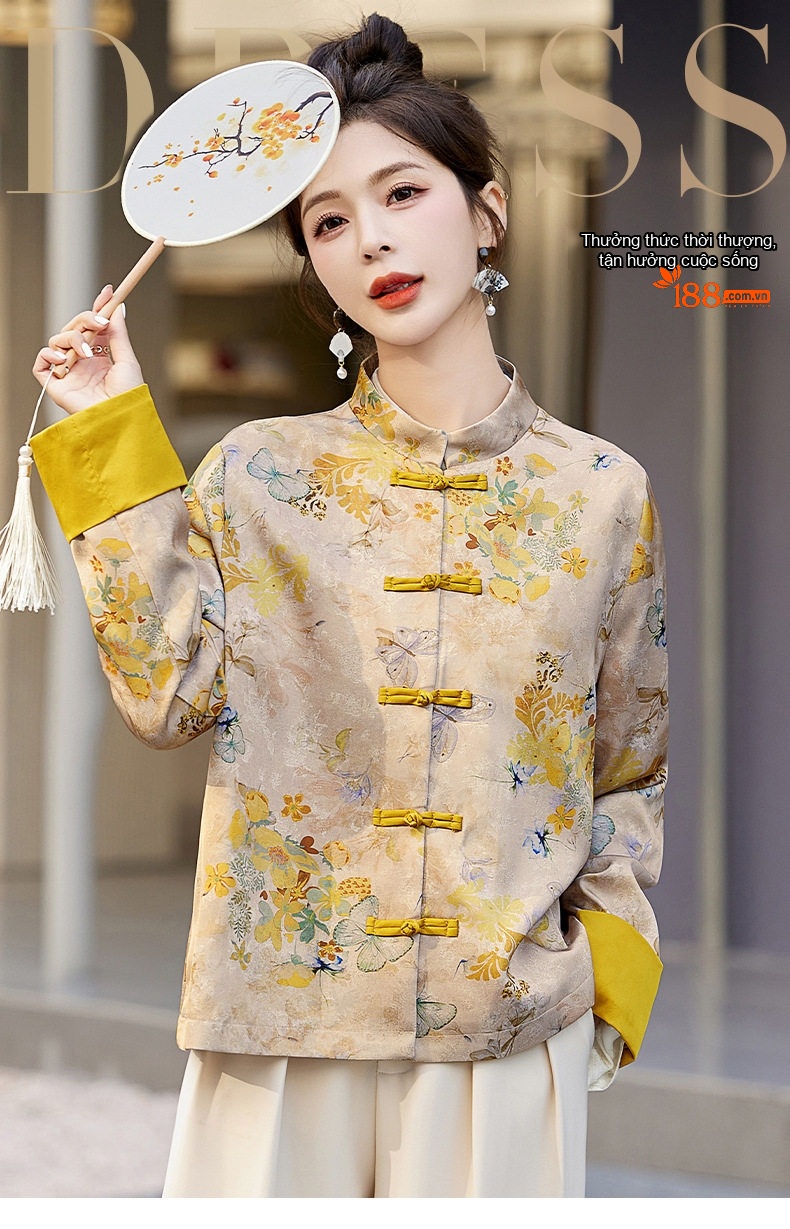 Áo Khoác Nữ Cổ Tàu Tay Lỡ Họa Tiết Phong Cách Trung Hoa chi tiết 1