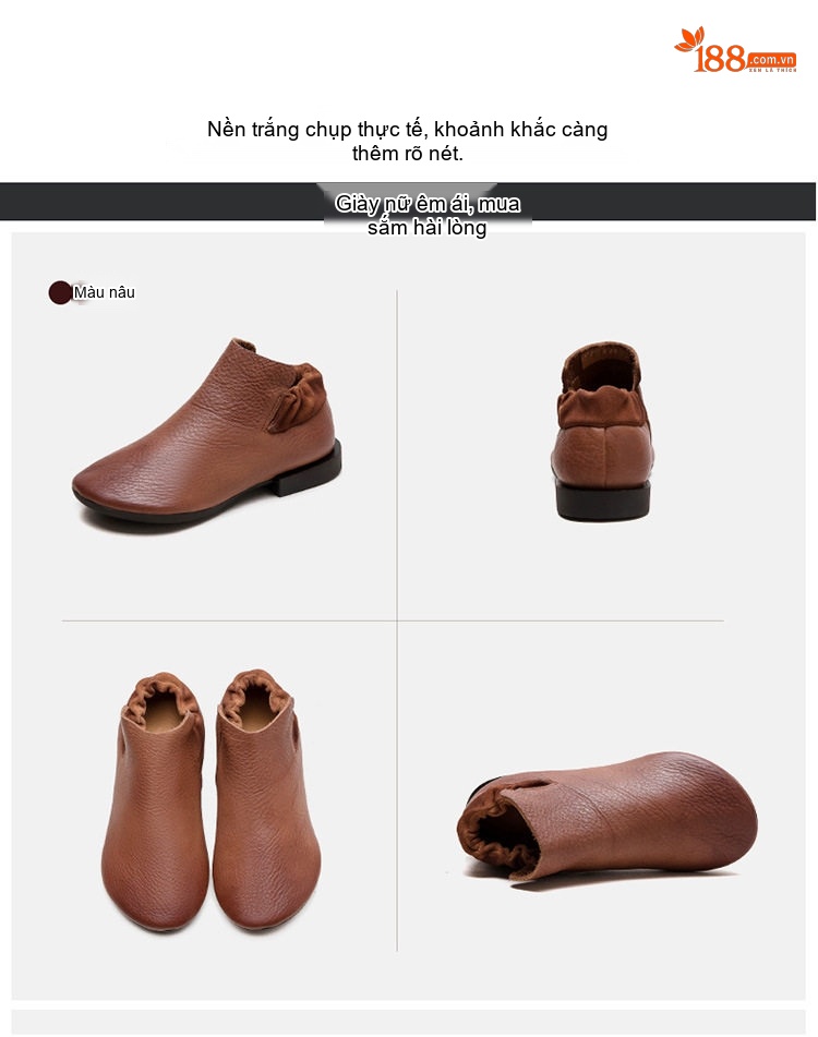 Giày Boot Nữ Da Bò Lười Đi Chiều Cao Đế Khoảng 2cm Màu Đen, Nâu chi tiết 16