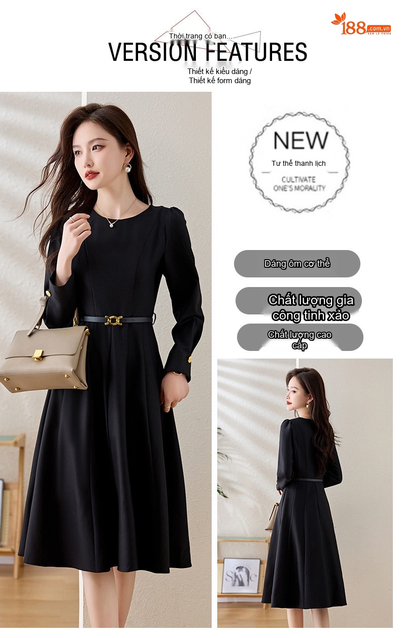 Đầm Xòe Dài Tay dáng chữ A Chiết Eo Thanh Lịch Màu Đen, Nâu chi tiết 3