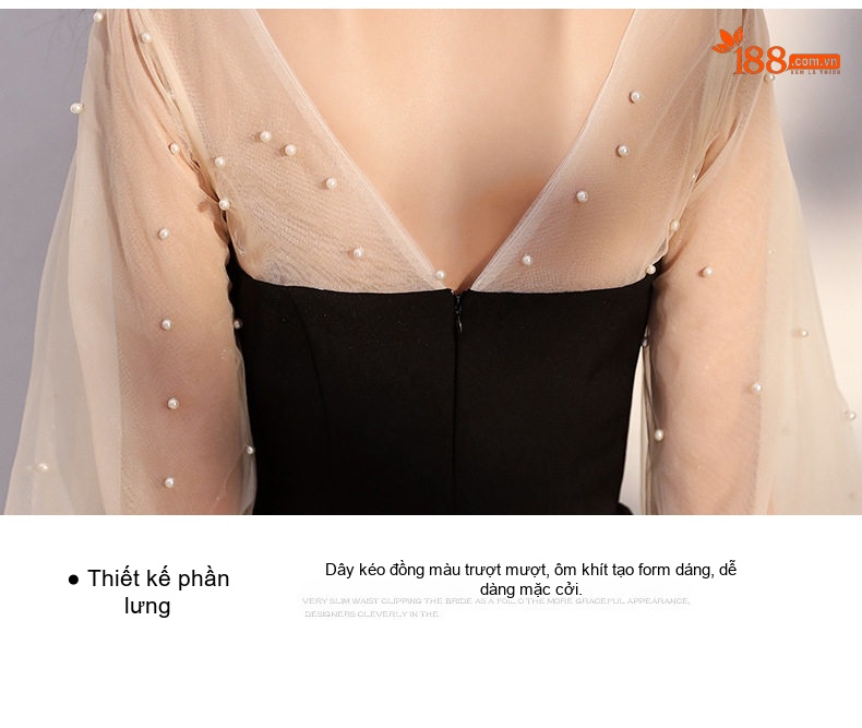 Váy Dạ Hội Nữ Tay Lưới dáng chữ A Chiều Dài Đến Bắp Chân Màu Đen chi tiết 19