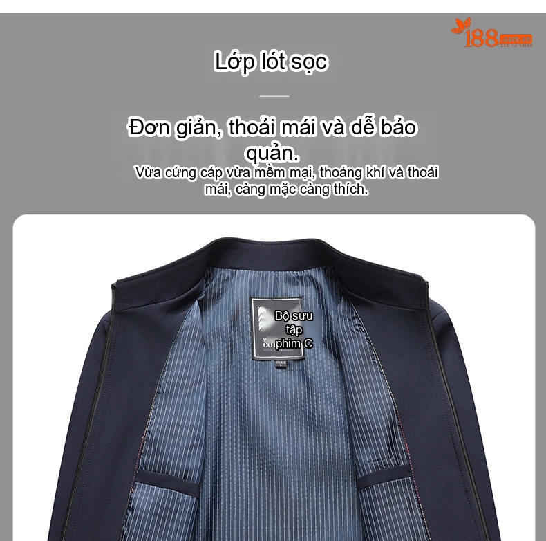 Áo Khoác Nam Cổ Trụ Mỏng Phong Cách Doanh Nhân Màu Đen, Xanh Navy chi tiết 3