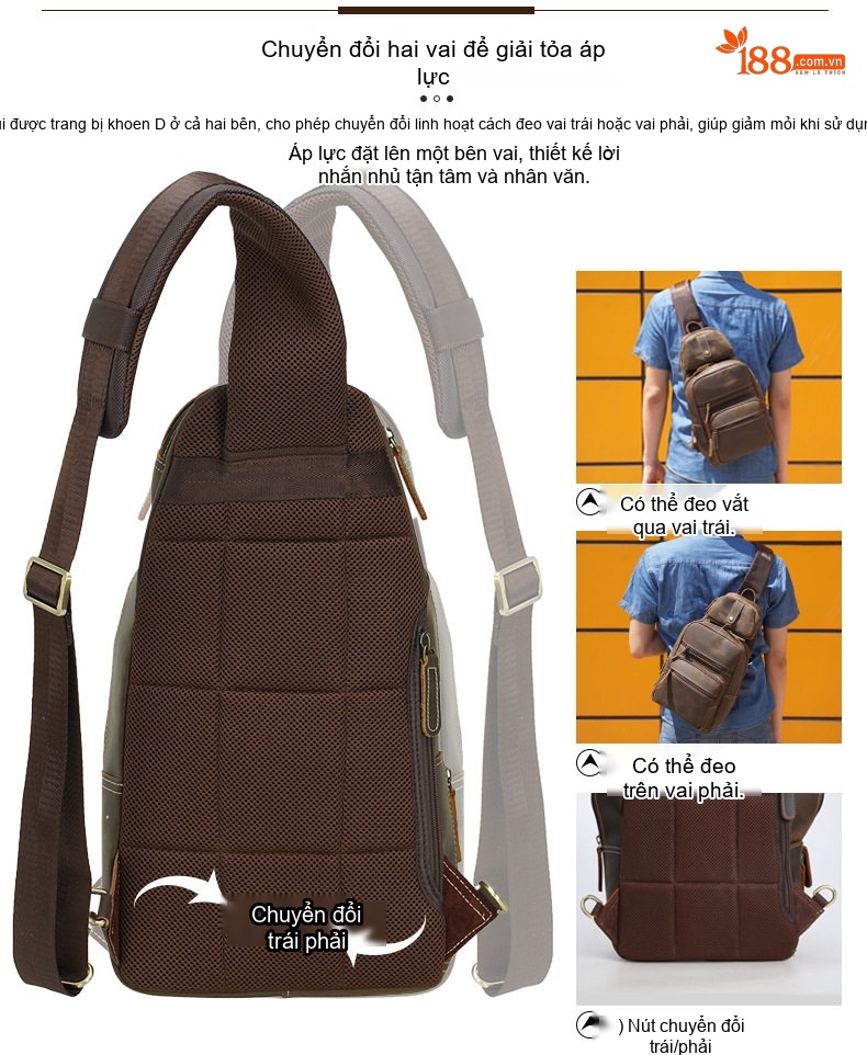 Túi Đeo Chéo Ngực Nam Da Bò Vintage Nhiều Ngăn Kèm Túi Nhỏ Tháo Rời Màu Nâu chi tiết 5