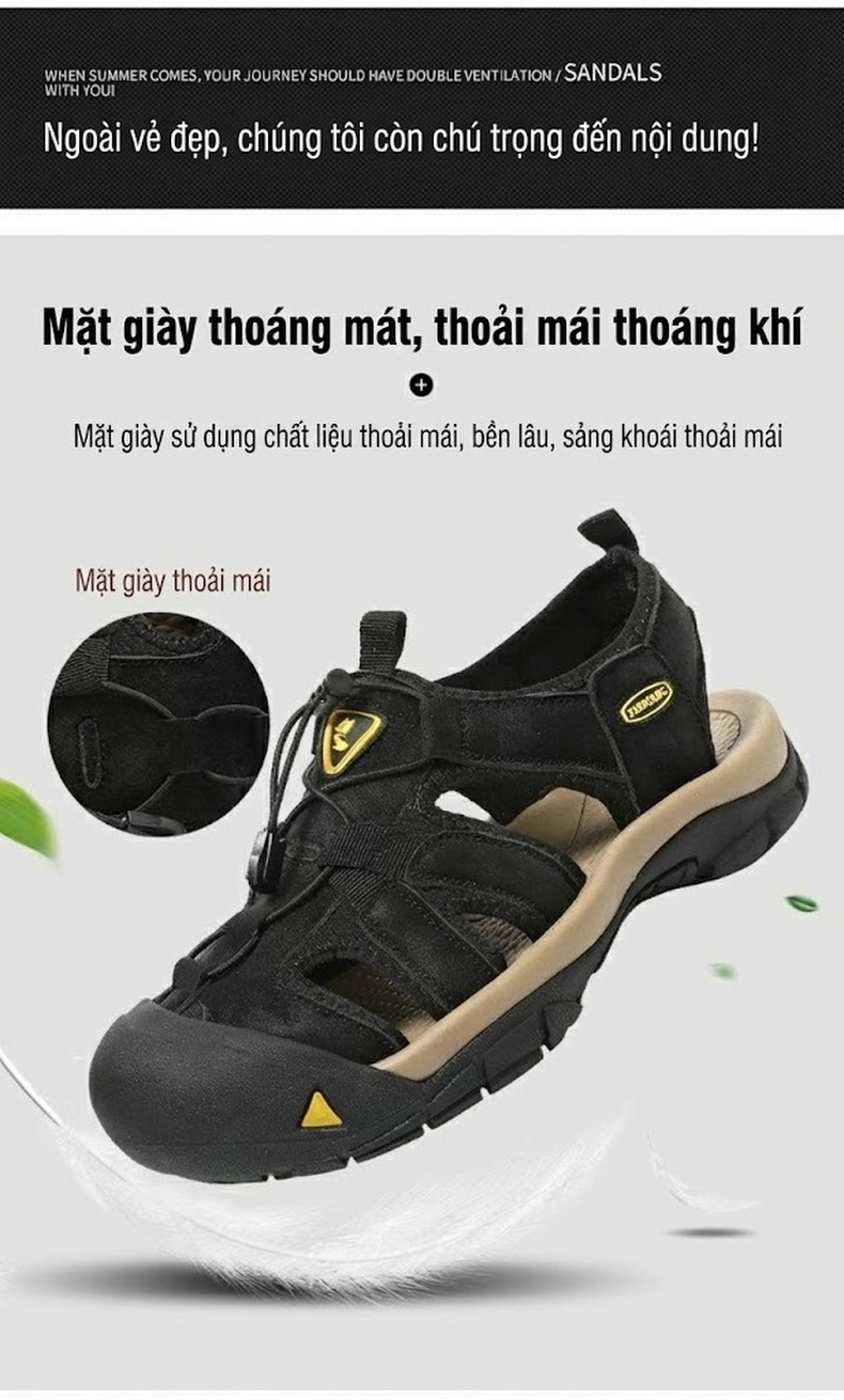 Dép Sandal Nam Bít Mũi Đi Nước Vải Dệt Thoáng Khí Đế Cao 3cm chi tiết 6