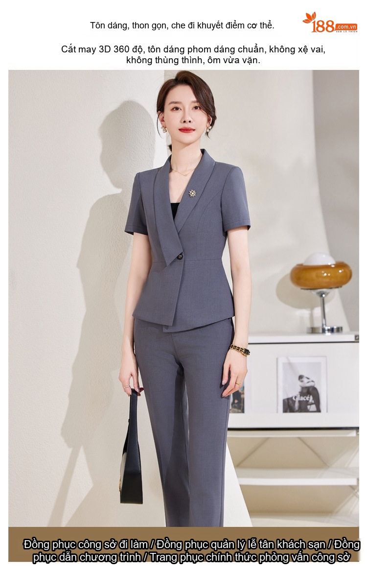 Bộ Vest Công Sở Nữ Tay Ngắn Dáng Lệch Màu Xám, Đen chi tiết 4
