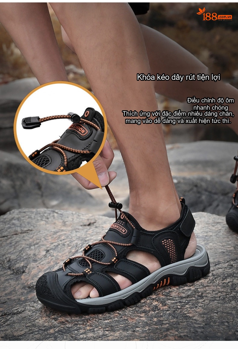 Sandal Nam Da Bò Mũi Bọc Dây Rút Thể Thao Thoáng Khí Đế Cao 3cm chi tiết 3