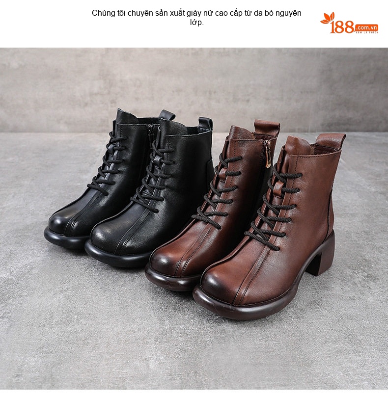 Boot Martin Nữ Da Bò Cổ Ngắn Gót Vuông Chiều Cao Đế Khoảng 5cm Màu Nâu, Đen chi tiết 2