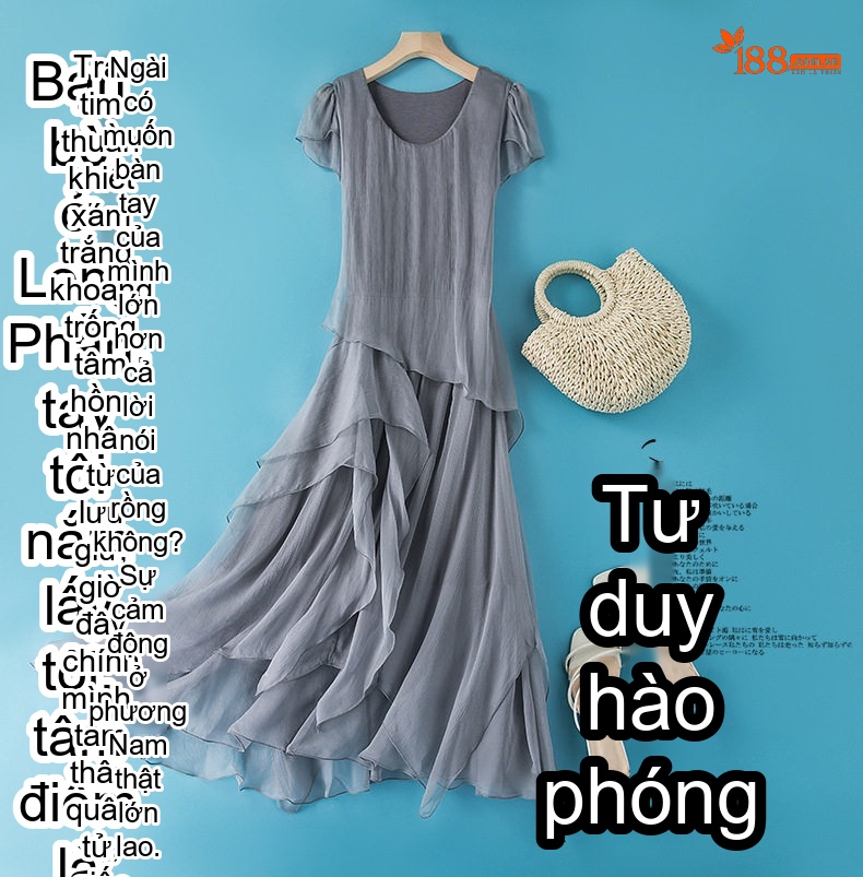 Váy Đi Biển Nữ Lụa Tằm Bohemian Thắt Eo Tôn Dáng Cổ Tròn Tay Ngắn Màu Xám chi tiết 1