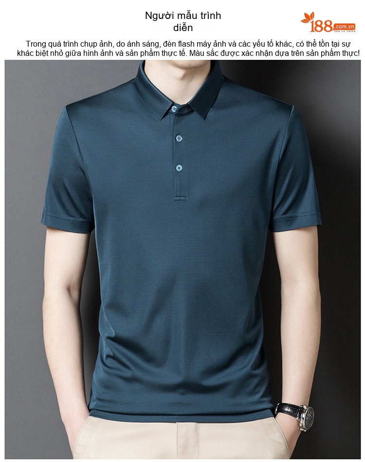 Áo Polo Nam Tay Ngắn 100% Lụa Tằm Cao Cấp Màu Xanh Navy, Xanh Ngọc chi tiết 8