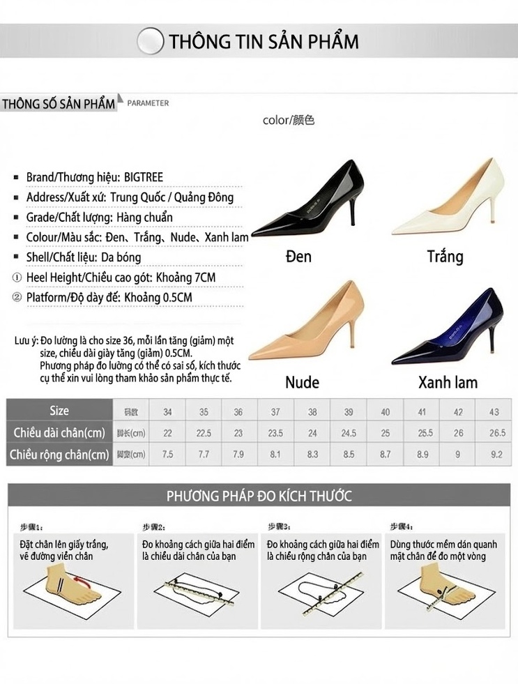 Giày Cao Gót Nữ Da Bóng Mũi Nhọn Chiều Cao Đế Khoảng 6cm Màu Đen, Kem, Trắng, Xanh Navy... chi tiết 1
