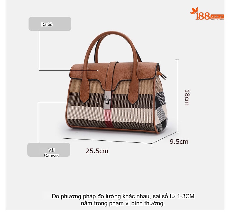 Túi Tote Nữ Da Bò Kết Hợp Vải Bố Họa Tiết Kẻ Sọc Thời Trang Màu Nâu Caramel chi tiết 6