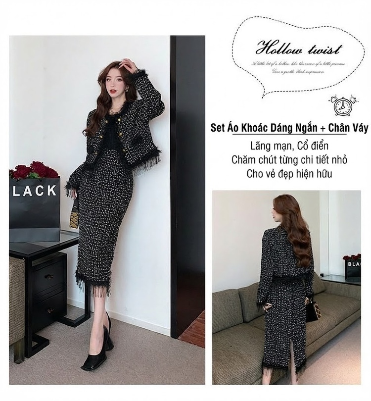 Set Áo Khoác Lửng và Chân Váy Tweed Phong Cách Tiểu Thư Viền Tua Rua Màu Trắng, Đen chi tiết 1