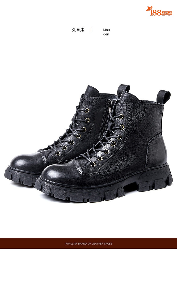 Giày Boot Martin Nam Da Thật Cổ Cao Đế Dày Phong Cách Retro Chiều Cao Đế Khoảng 5cm Màu Nâu, Đen chi tiết 14