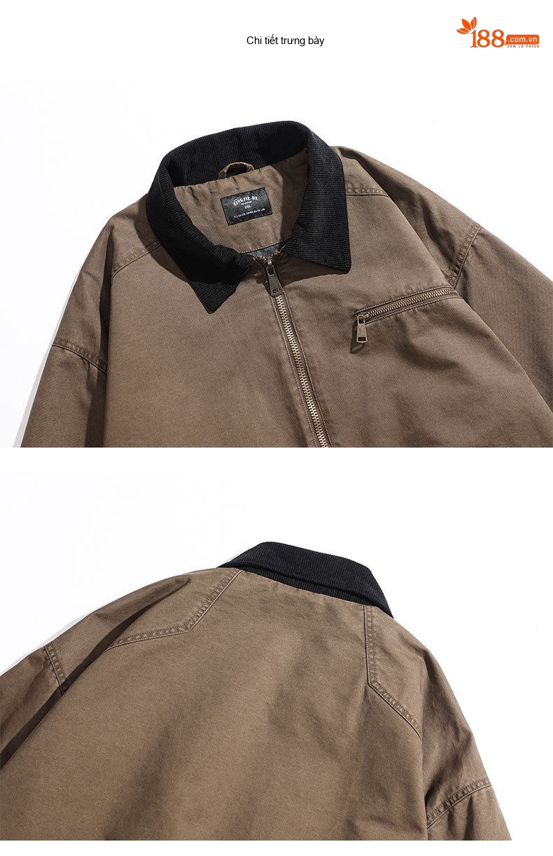Áo Khoác Bomber Nam Cổ Bẻ Túi Hộp Dáng Rộng Phong Cách Mỹ Màu Nâu chi tiết 6