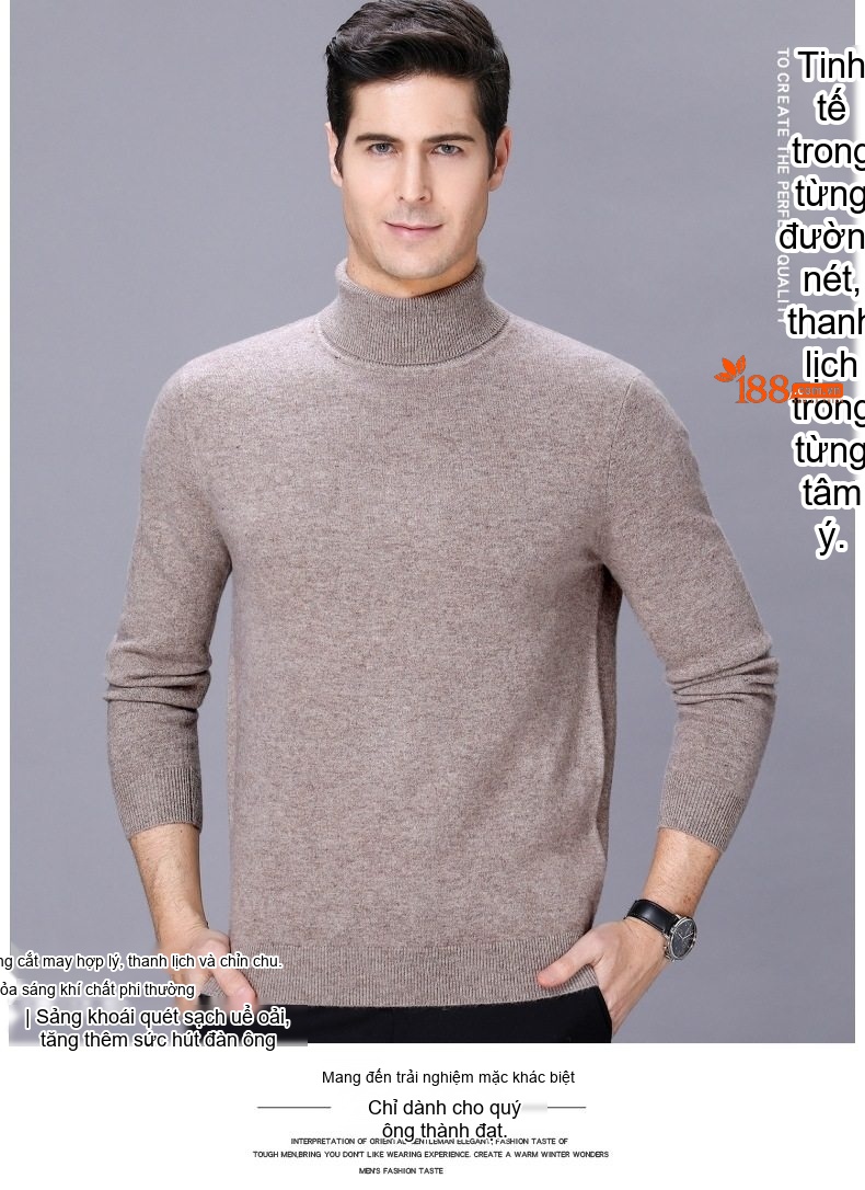 Áo Len Nam Cổ Lọ Dệt Kim Cashmere Dày Dặn Giữ Ấm Màu Nâu, Đỏ Rượu, Xám, Đen chi tiết 1