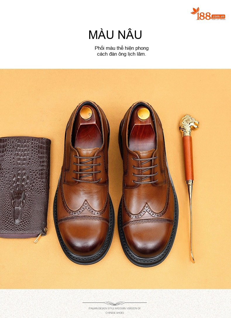 Giày Tây Buộc Dây Nam Da Thật Đế Dày Chiều Cao Đế Khoảng 4cm Kiểu Brogue Màu Đen, Nâu chi tiết 12