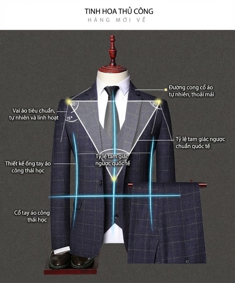 Bộ Vest Nam Kẻ Caro 3 Món Phong Cách Doanh Nhân Trẻ Trung Màu Xám, Xanh Dương chi tiết 2
