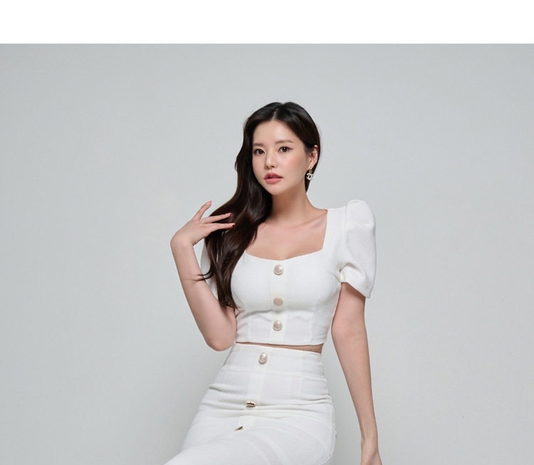 Set Áo Croptop Tay Bồng Và Chân Váy Đuôi Cá Dáng Ôm Màu Trắng, Xanh chi tiết 26